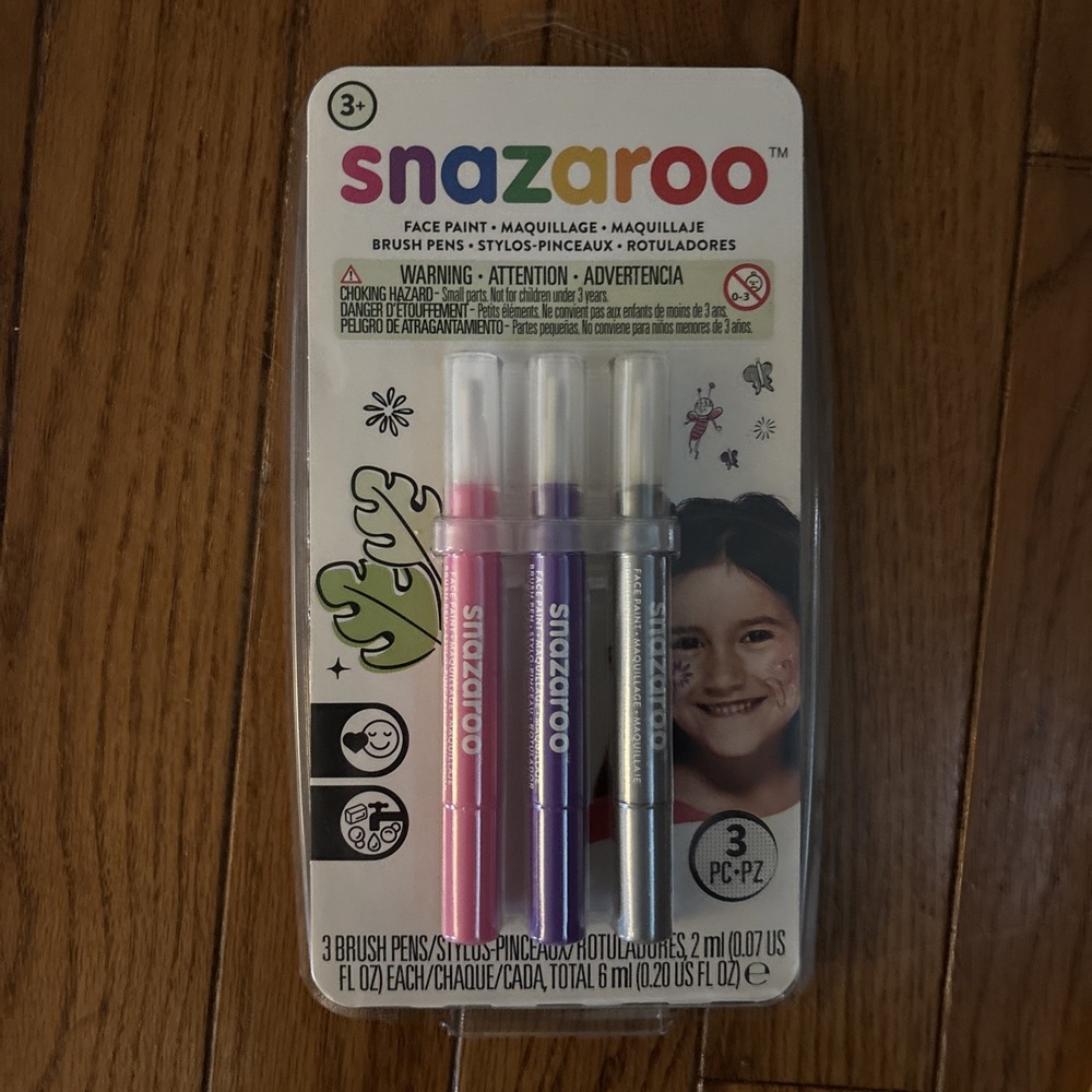 NEW SNAZAROO Face Paint 3 Brush Pens Pink Purple Silver Sensitive Skin Removable